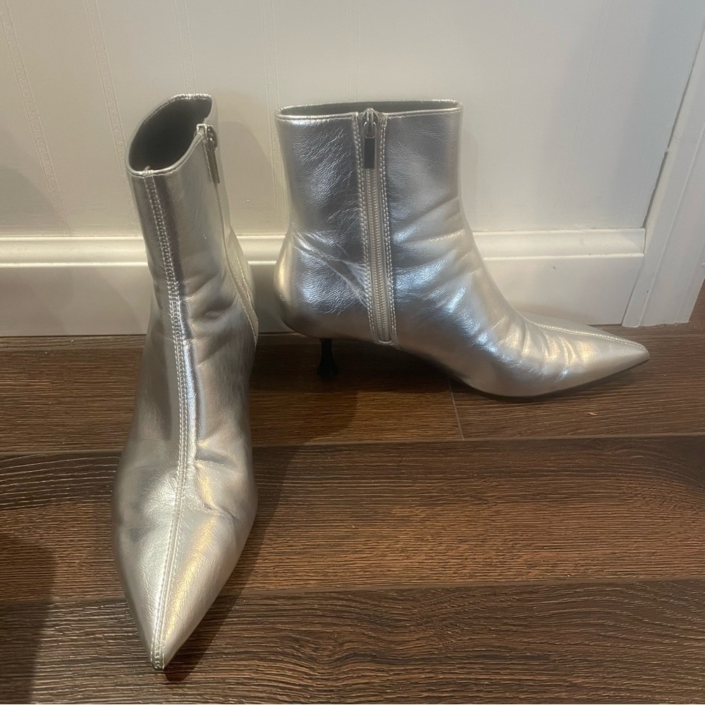 Zara Silver Metallic Kitten Heel Ankle Boots Date Night Clubbing EU 37/US 6 - Picture 7 of 14